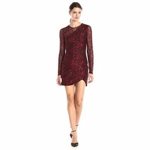 Parker Size M Black & Red Shadow Lace Long Sleeve Cocktail Bodycon Mini Dress